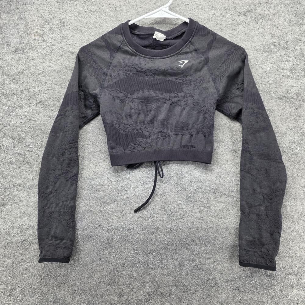 Gymshark T-Shirt Womens S Black Cropped Long Sleeve Crew Neck Adjustable Stretch